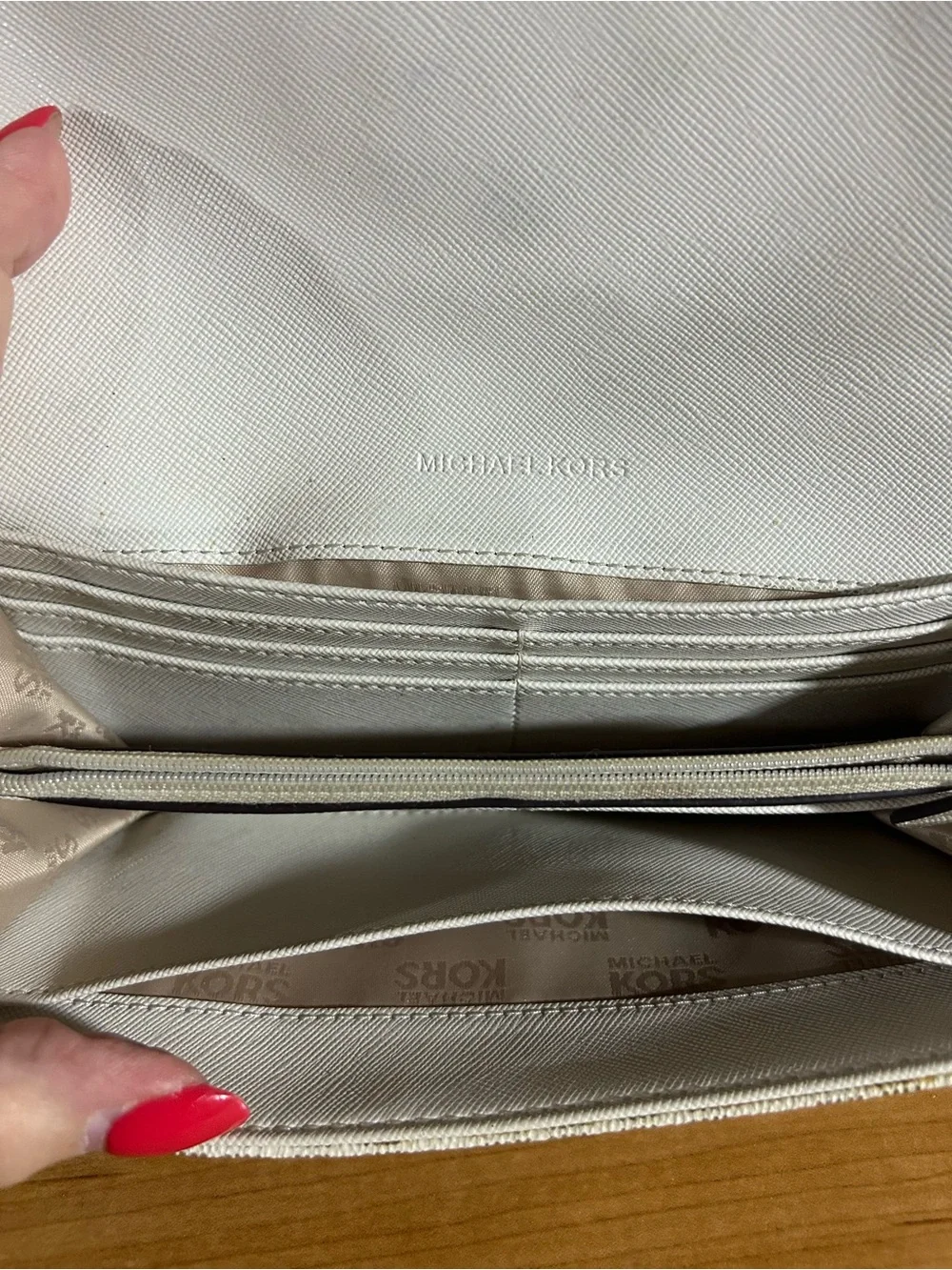 Michael Kors Cream Monogram Continental Wallet with Logo Emblem
